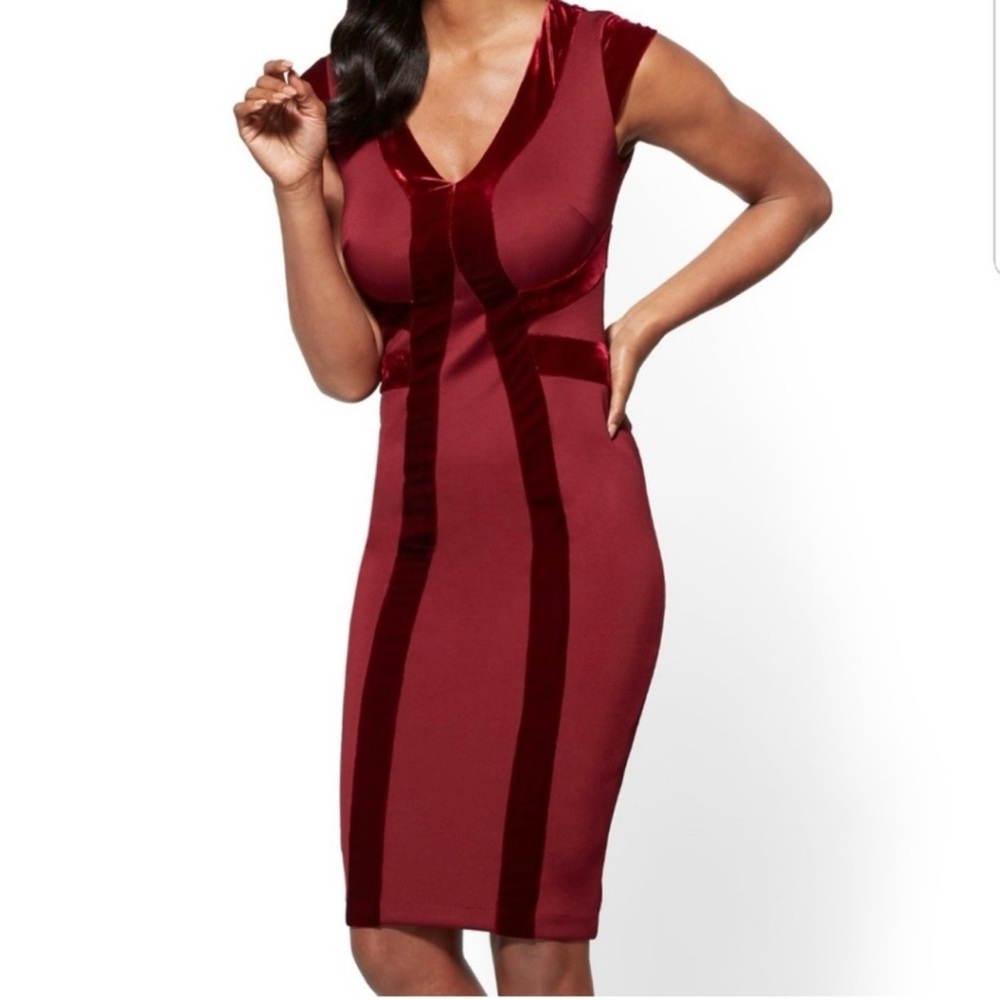 New York & Company Burgundy Velvet Sheath Midi Dress V-Neck Cap Short Sleeve